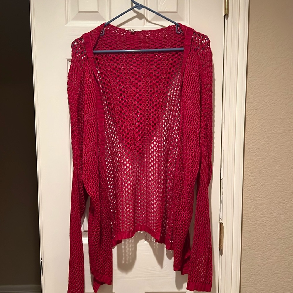 Red crocheted, hooded cardigan